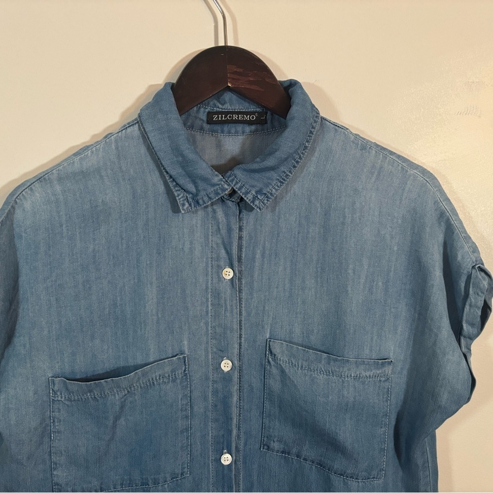 Zilcremo Chambray Button Down Shirt Dress Women’s Large Denim Look Pockets - Picture 2 of 10